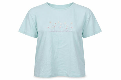 Front view of Holmewood women’s blue floral cotton basic t-shirt, size M, crew neck