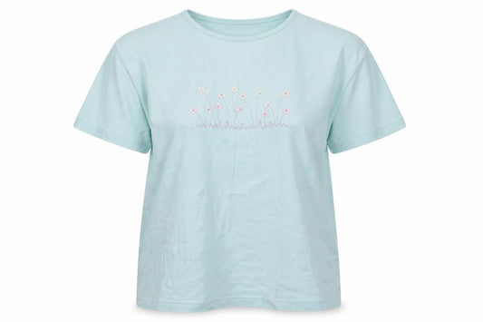 Front view of Holmewood women’s blue floral cotton basic t-shirt, size M, crew neck