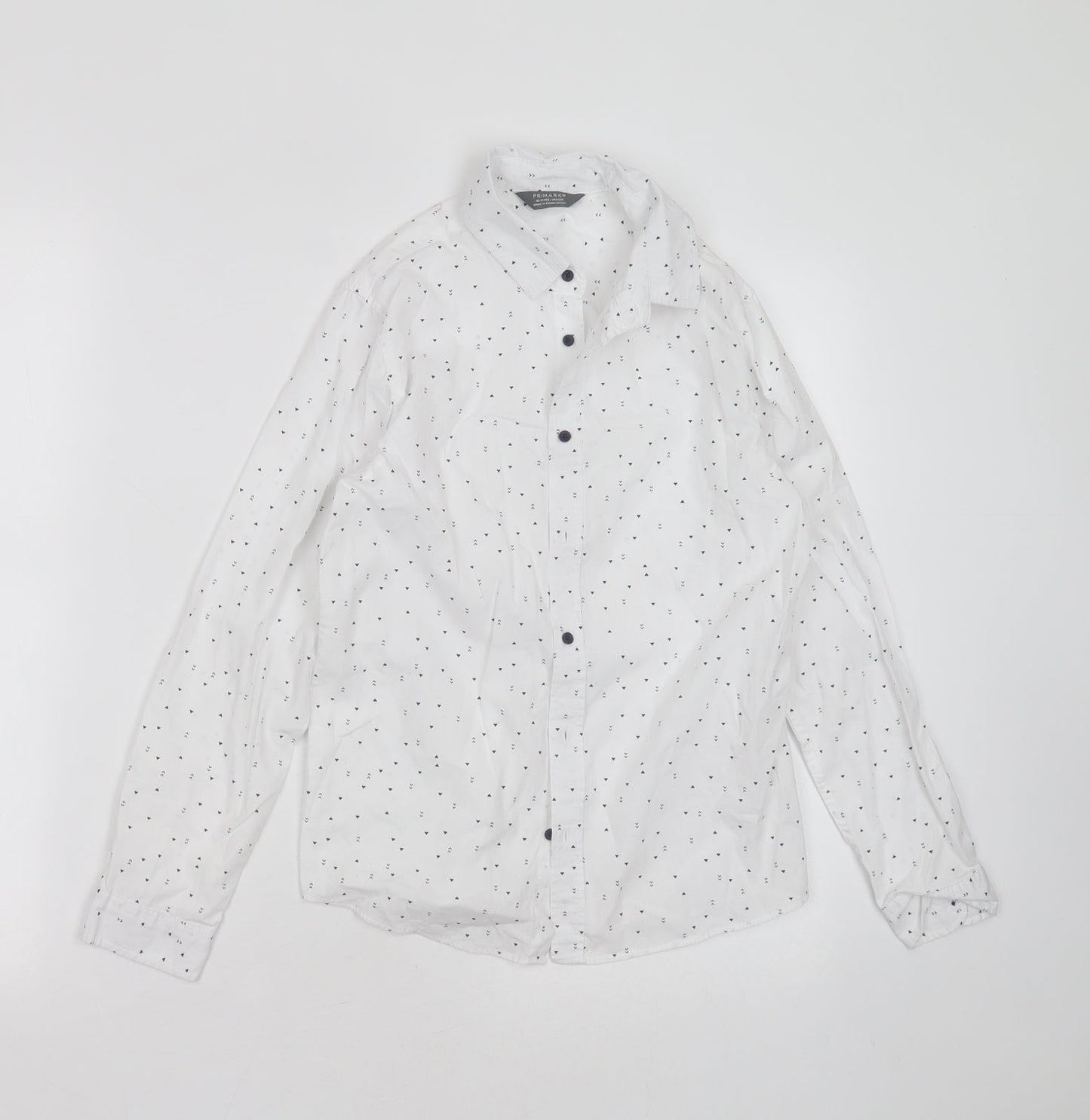 Primark Boys White Geometric Cotton Basic Button-Up Size 10-11 Years Collared Button