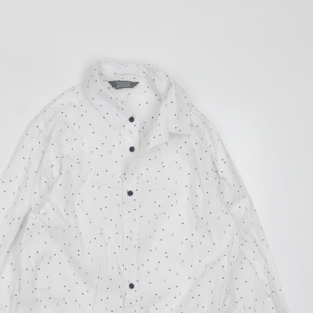 Primark Boys White Geometric Cotton Basic Button-Up Size 10-11 Years Collared Button