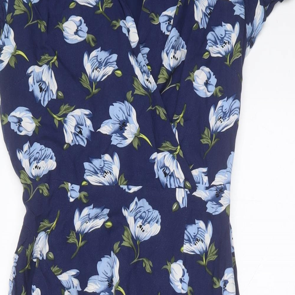 Louche Womens Blue Floral Viscose Sheath  Size 8  V-Neck