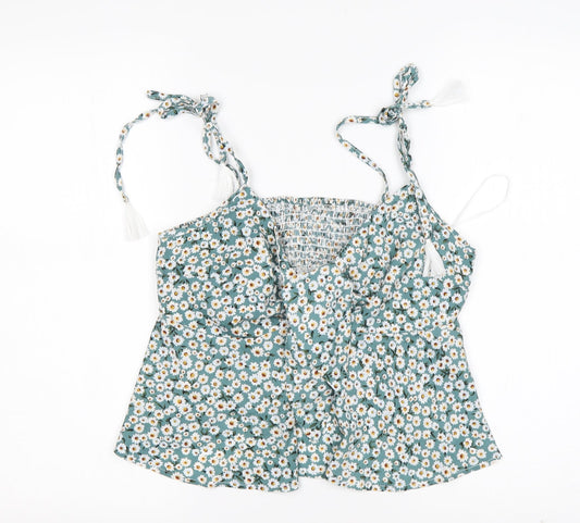 Shein  Womens Green Floral Polyester Basic Blouse Size L V-Neck