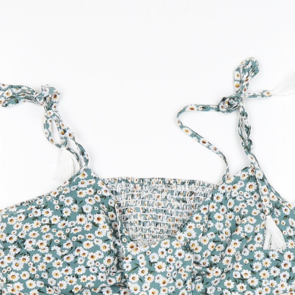 Shein  Womens Green Floral Polyester Basic Blouse Size L V-Neck