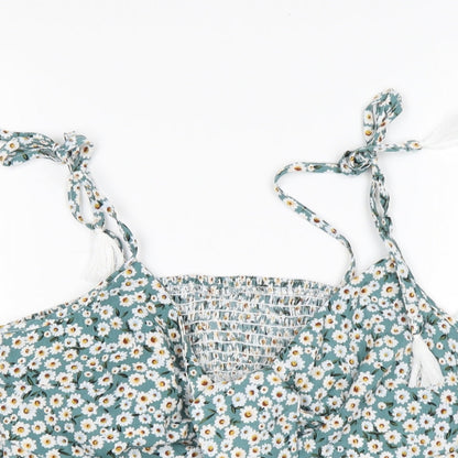 Shein  Womens Green Floral Polyester Basic Blouse Size L V-Neck