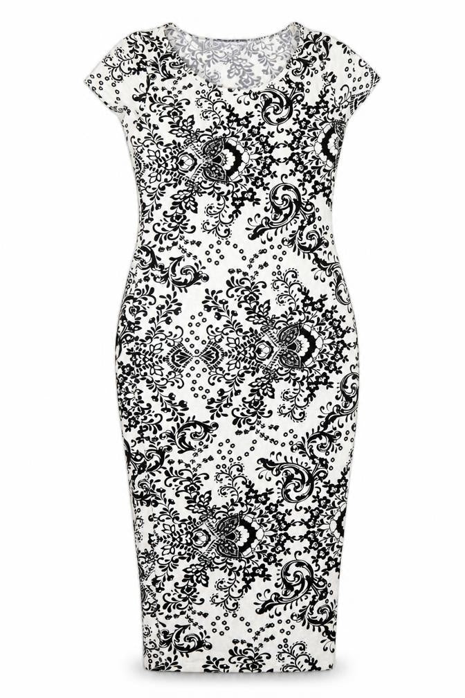 Front view of Atmosphere women’s multicoloured floral viscose pencil dress, size UK 10, round neck