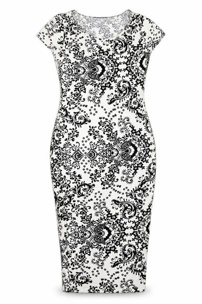 Front view of Atmosphere women’s multicoloured floral viscose pencil dress, size UK 10, round neck