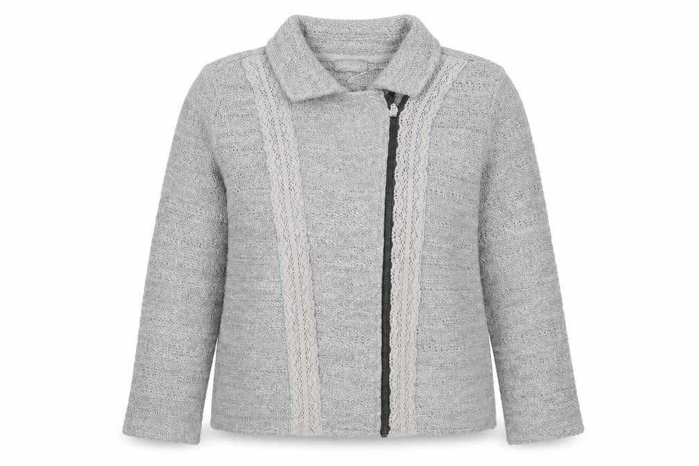 Front view of Per Una women’s grey round neck acrylic full zip jumper, size M