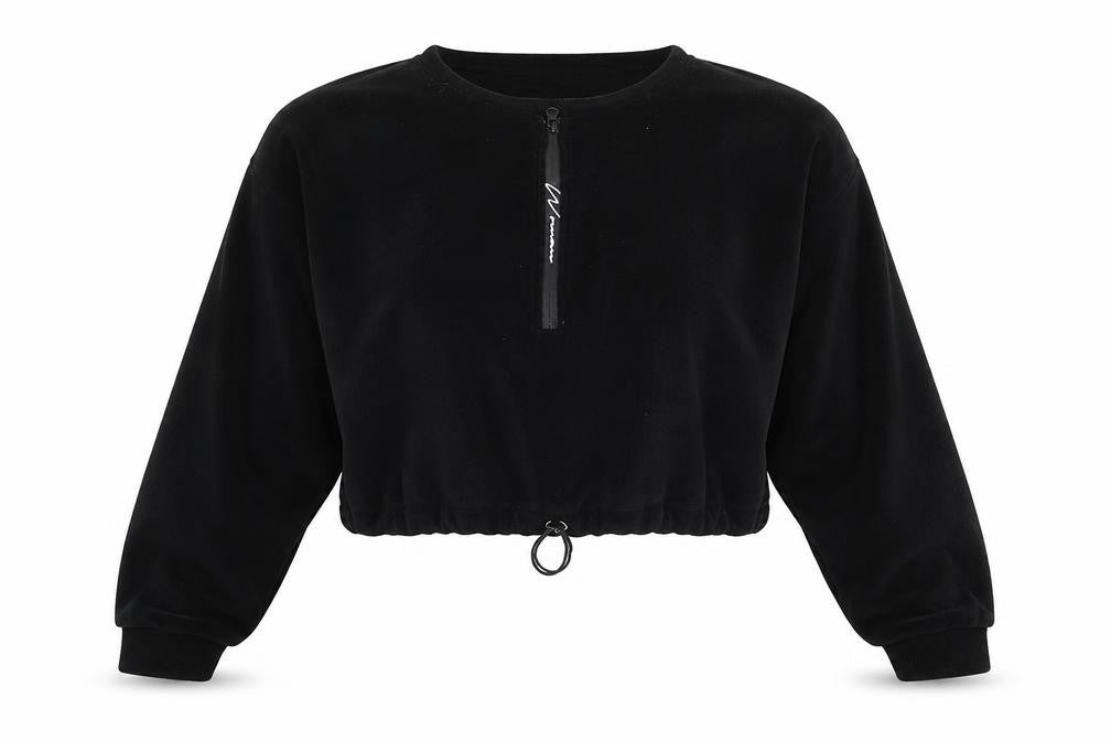 Front view of Boohoo women’s black polyester henley sweatshirt, size M