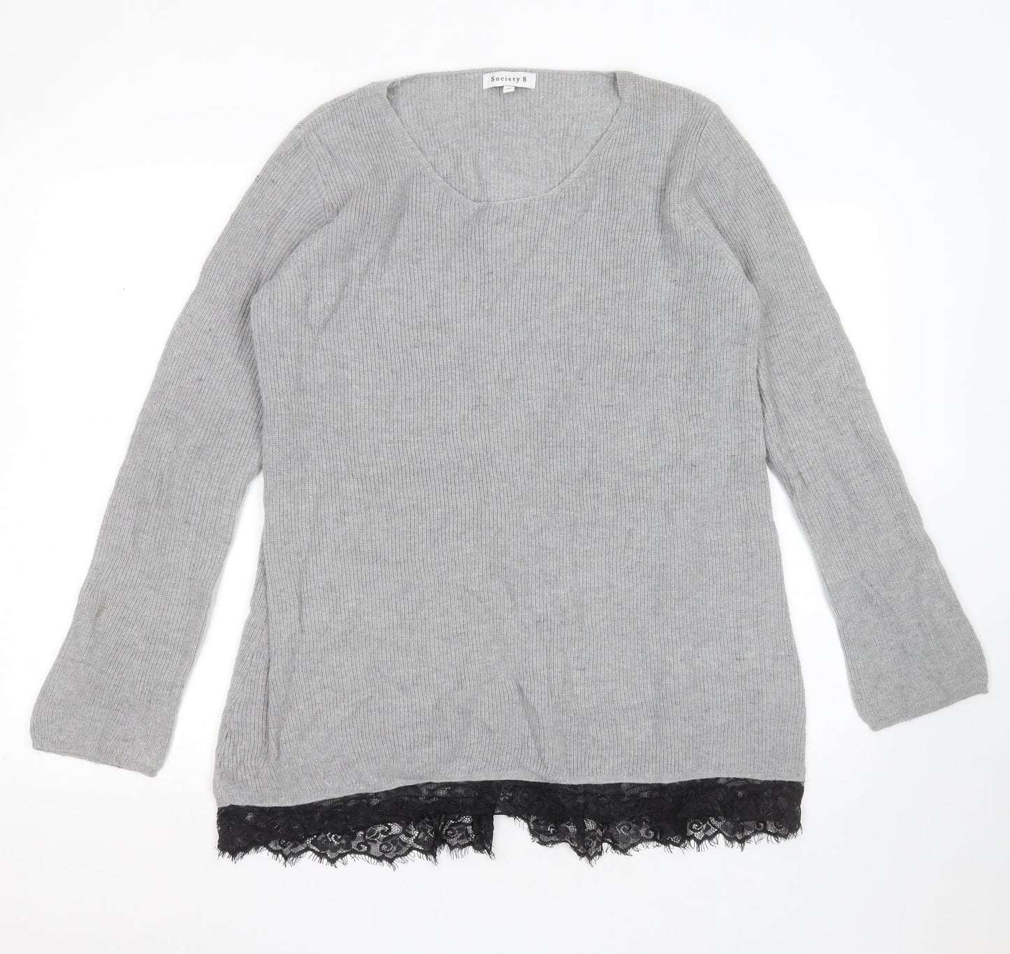 Society 8 Womens Grey Round Neck  Polyester Pullover Jumper Size 14   - lace hem