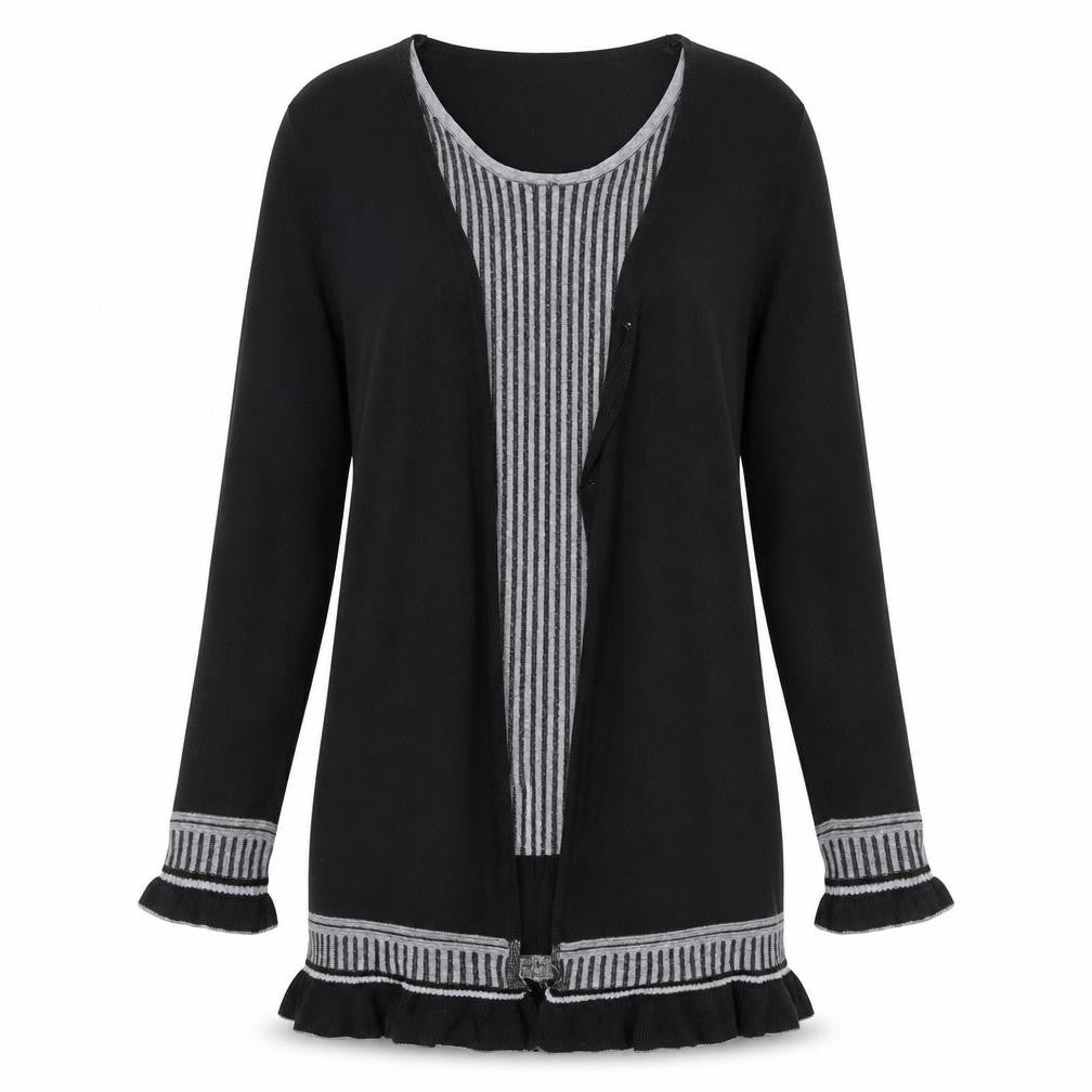 Front view of Sarah Dunnway women’s black round neck striped polyester cardigan jumper, size L