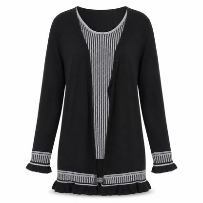 Front view of Sarah Dunnway women’s black round neck striped polyester cardigan jumper, size L