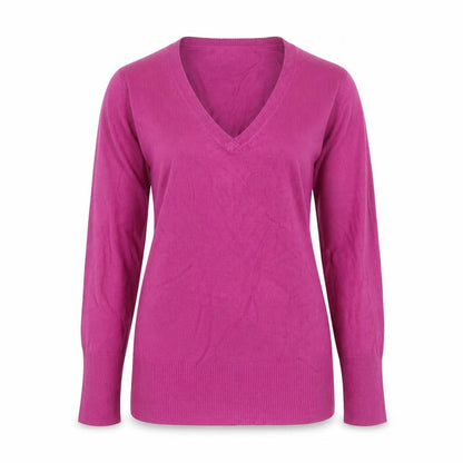 Front view of Debenhams women’s purple v-neck acrylic jumper, size UK 8