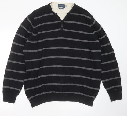 Atlantic Bay Mens Black V-Neck Striped Cotton Pullover Jumper Size XL