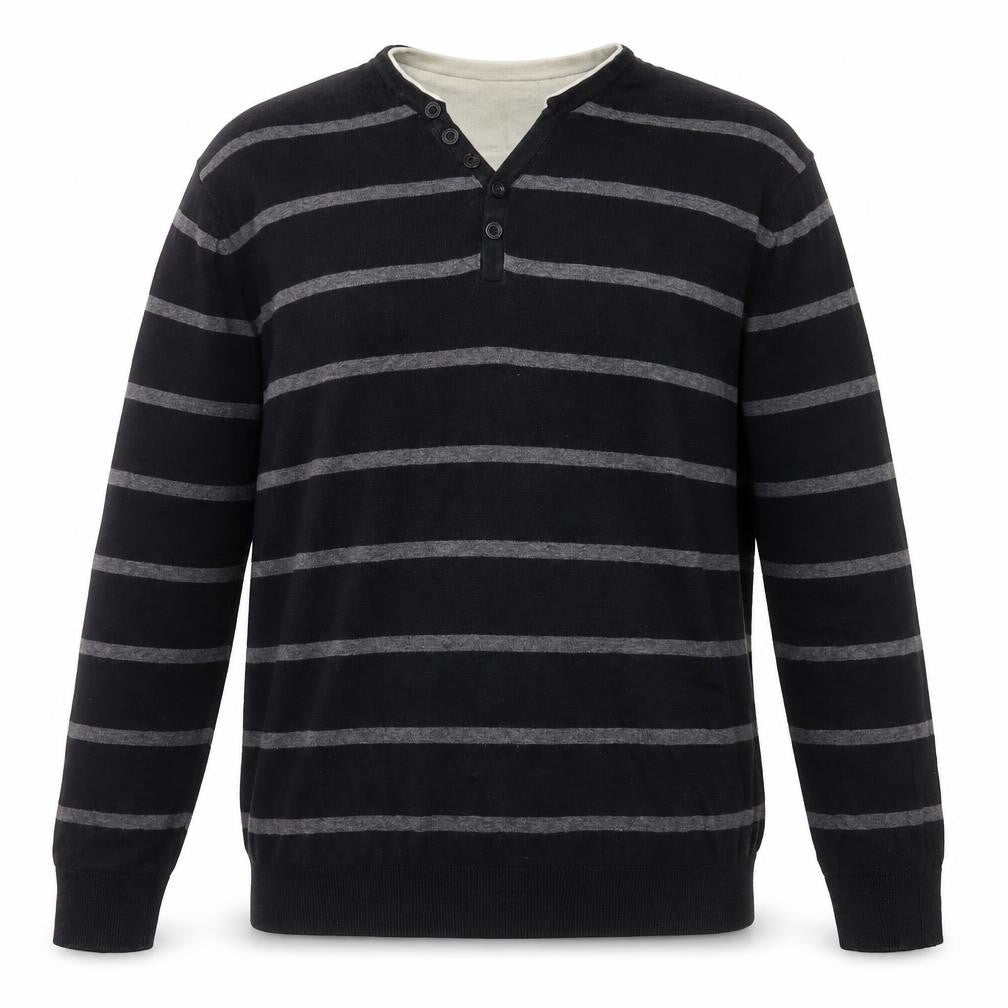 Front view of Atlantic Bay men’s black v-neck striped cotton jumper, size XL