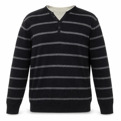 Front view of Atlantic Bay men’s black v-neck striped cotton jumper, size XL