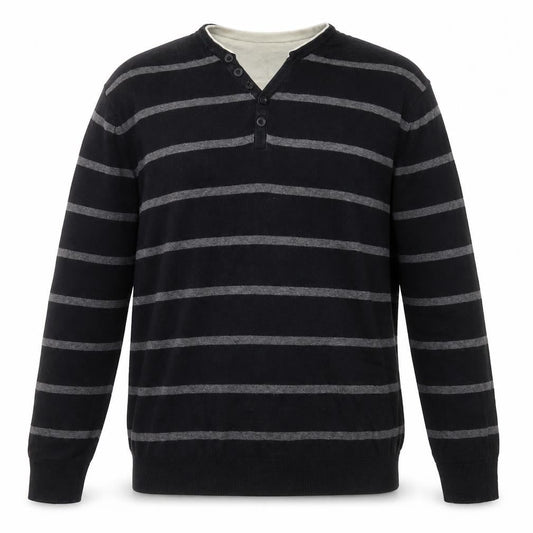 Front view of Atlantic Bay men’s black v-neck striped cotton jumper, size XL