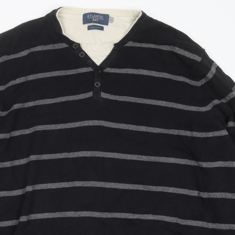 Atlantic Bay Mens Black V-Neck Striped Cotton Pullover Jumper Size XL