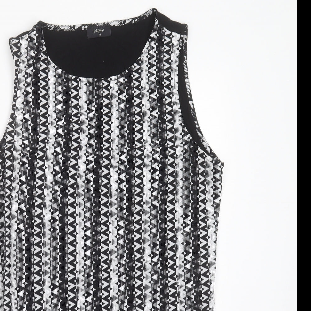 Papaya Womens Black Geometric Polyester Basic Blouse Size 12 Round Neck