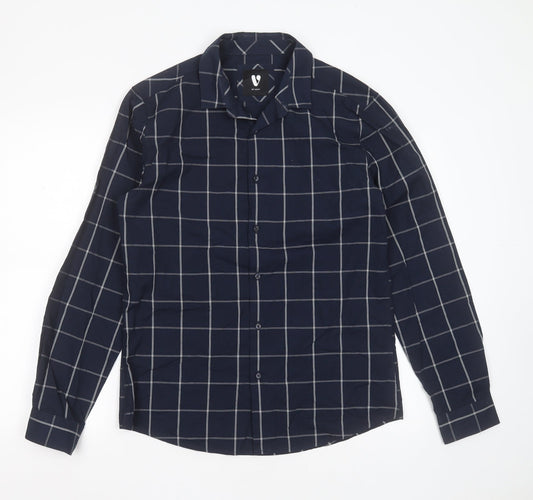 Very Mens Blue Check Cotton  Button-Up Size M Collared Button