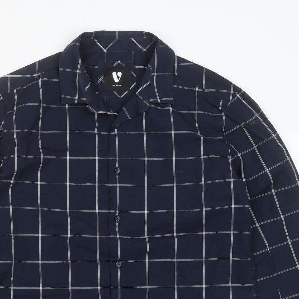 Very Mens Blue Check Cotton  Button-Up Size M Collared Button