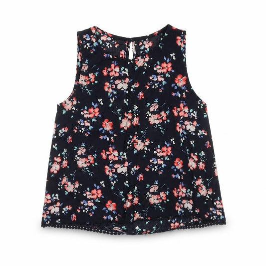 Front view of Abercrombie & Fitch kids girls’ blue floral cotton basic blouse, size 9-10, years round neck