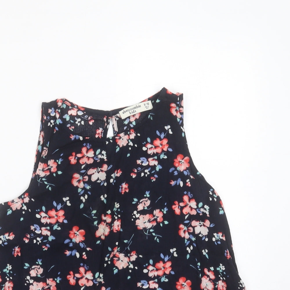 Abercombie kids Girls Blue Floral Cotton Basic Blouse Size 9-10 Years Round Neck
