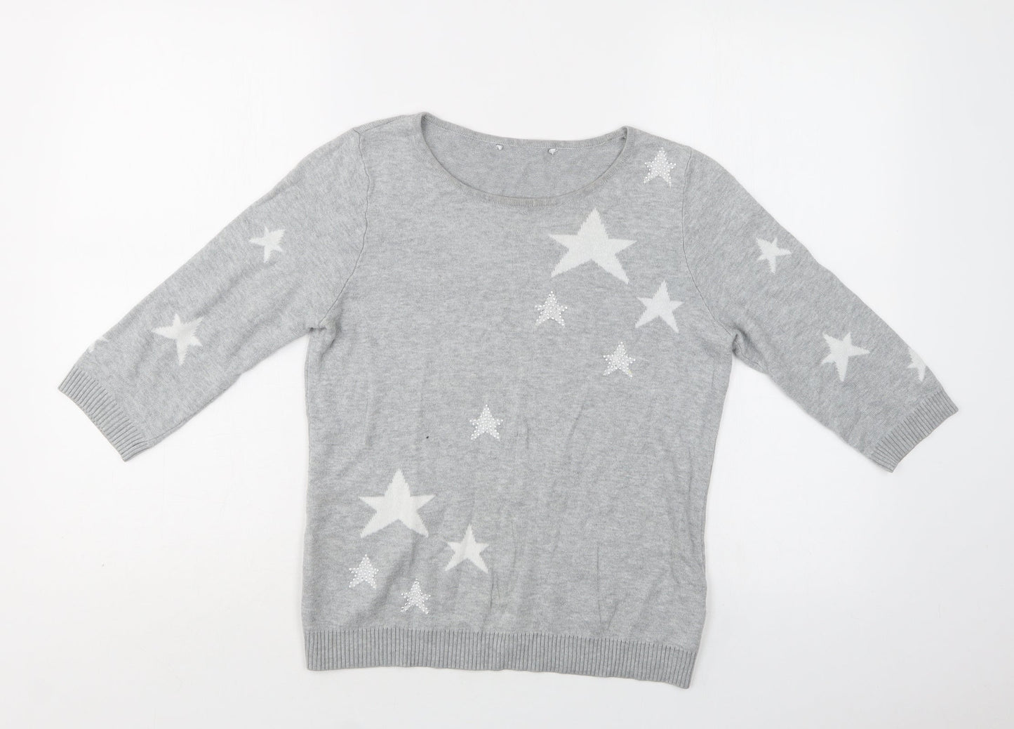 BHS Womens Grey Crew Neck Geometric Cotton Pullover Jumper Size 10   - Star Print