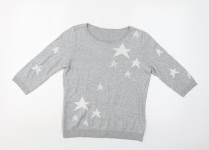 BHS Womens Grey Crew Neck Geometric Cotton Pullover Jumper Size 10   - Star Print