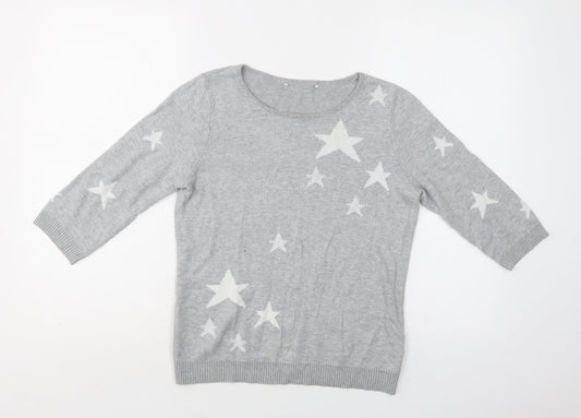BHS Womens Grey Crew Neck Geometric Cotton Pullover Jumper Size 10   - Star Print