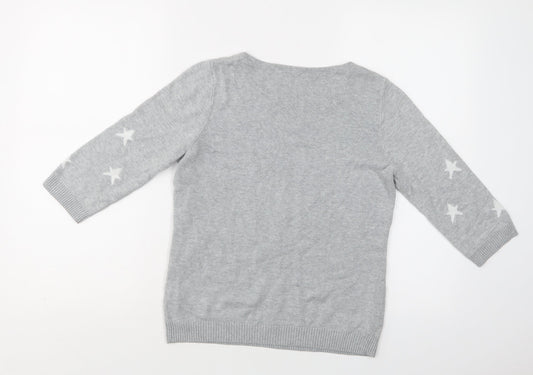 BHS Womens Grey Crew Neck Geometric Cotton Pullover Jumper Size 10   - Star Print