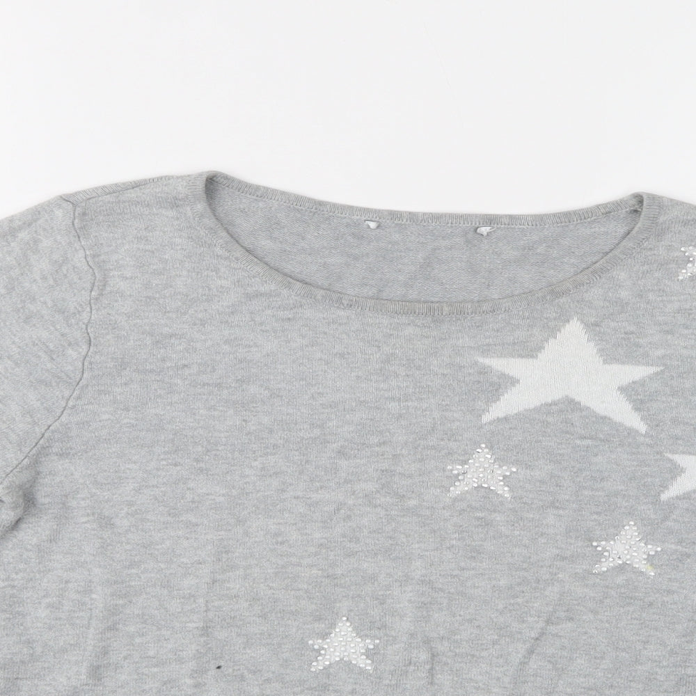 BHS Womens Grey Crew Neck Geometric Cotton Pullover Jumper Size 10   - Star Print