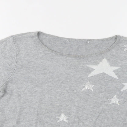 BHS Womens Grey Crew Neck Geometric Cotton Pullover Jumper Size 10   - Star Print