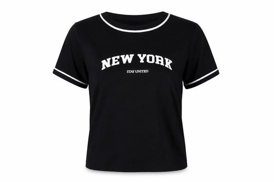 Front view of Pull&Bear women’s black cotton basic t-shirt, size S, crew neck - new york
