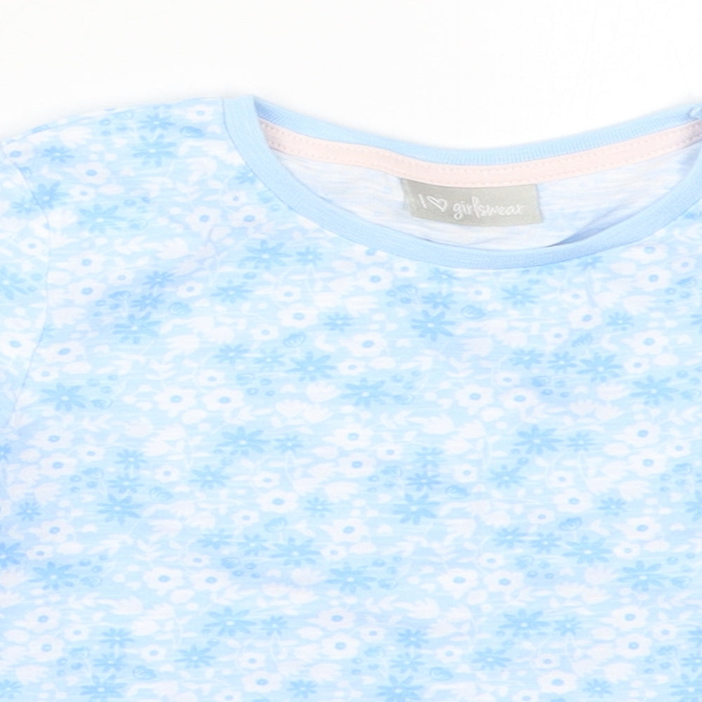 Matalan Girls Blue Floral Cotton Basic T-Shirt Size 6 Years Round Neck Pullover