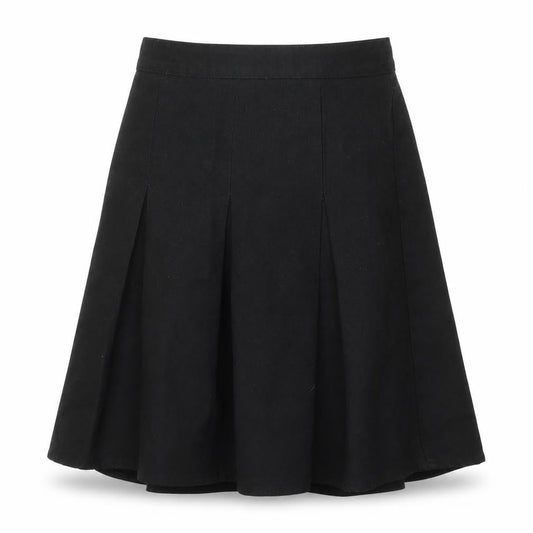 Front view of Aldi girls’ black polyester pleated skirt, size 9-10, years regular