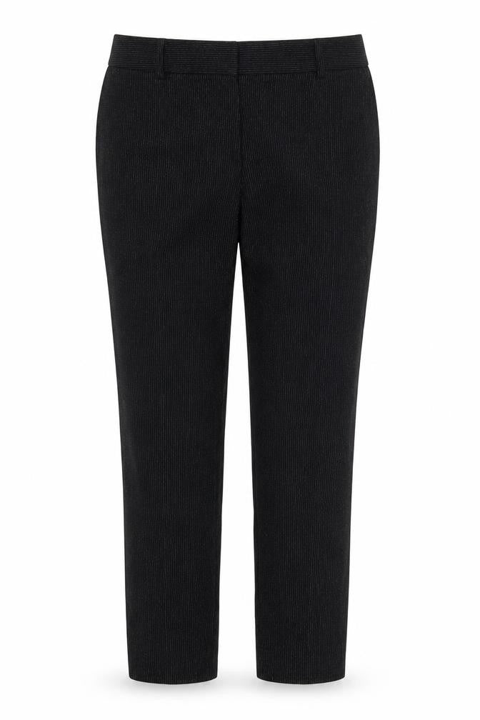 Front view of Next women’s black striped polyester trousers, size UK 12, 25-inch leg regular hook & eye