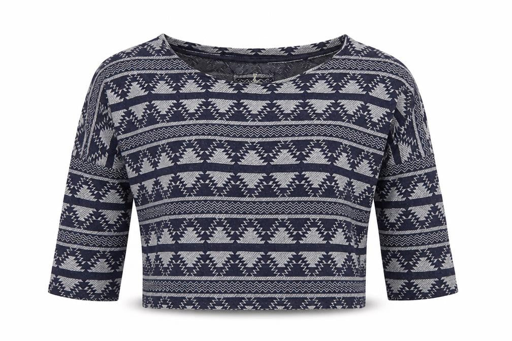 Front view of Atmosphere women’s blue fair isle cotton cropped t-shirt, size UK 14, crew neck