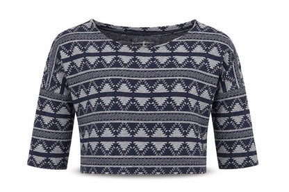 Front view of Atmosphere women’s blue fair isle cotton cropped t-shirt, size UK 14, crew neck