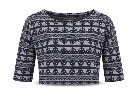 Front view of Atmosphere women’s blue fair isle cotton cropped t-shirt, size UK 14, crew neck