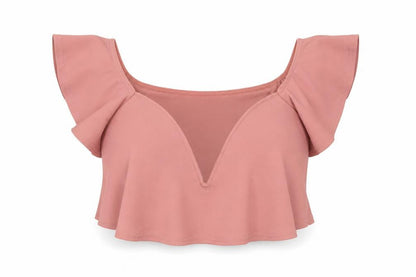Front view of Missguided women’s pink polyester cropped blouse, size UK 14, boat neck