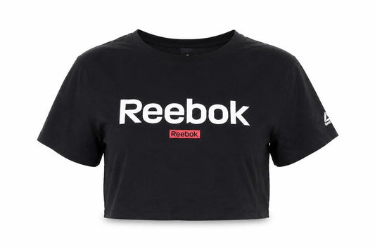 Front view of Reebok women’s black cotton cropped t-shirt, size XS, crew neck