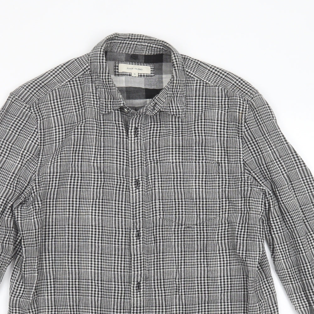 River Island Mens Black Check Cotton  Button-Up Size S Collared Button