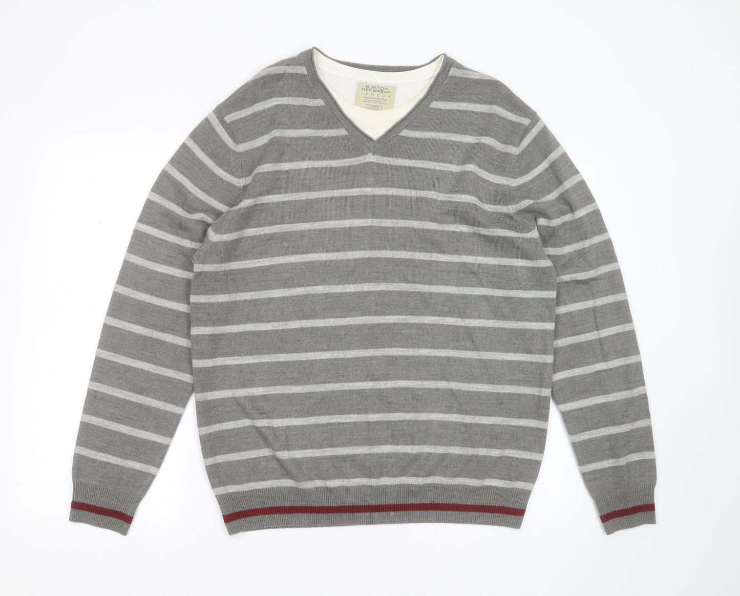 Burton Mens Grey Round Neck Striped Acrylic Pullover Jumper Size L