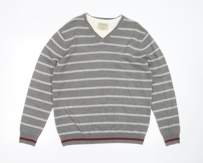 Burton Mens Grey Round Neck Striped Acrylic Pullover Jumper Size L
