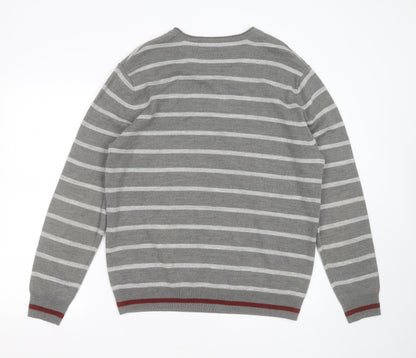 Burton Mens Grey Round Neck Striped Acrylic Pullover Jumper Size L