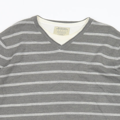 Burton Mens Grey Round Neck Striped Acrylic Pullover Jumper Size L