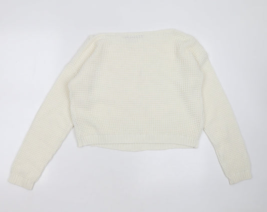 Boohoo Womens Ivory Round Neck  Acrylic Pullover Jumper Size S