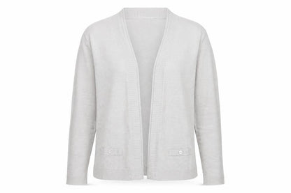 Front view of BHS women’s grey v-neck acrylic cardigan jumper, size UK 12
