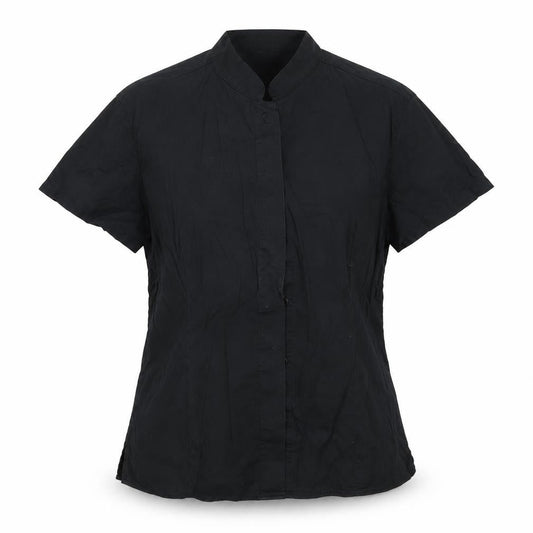 Front view of Bargear women’s black cotton basic button-up, size UK 10, round neck