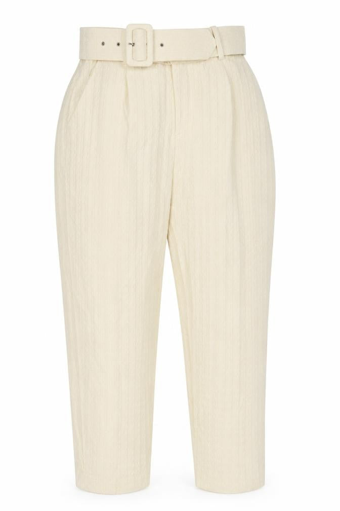 Front view of Preworn women’s ivory polyester capri trousers, size UK 28, in, 26-inch leg regular